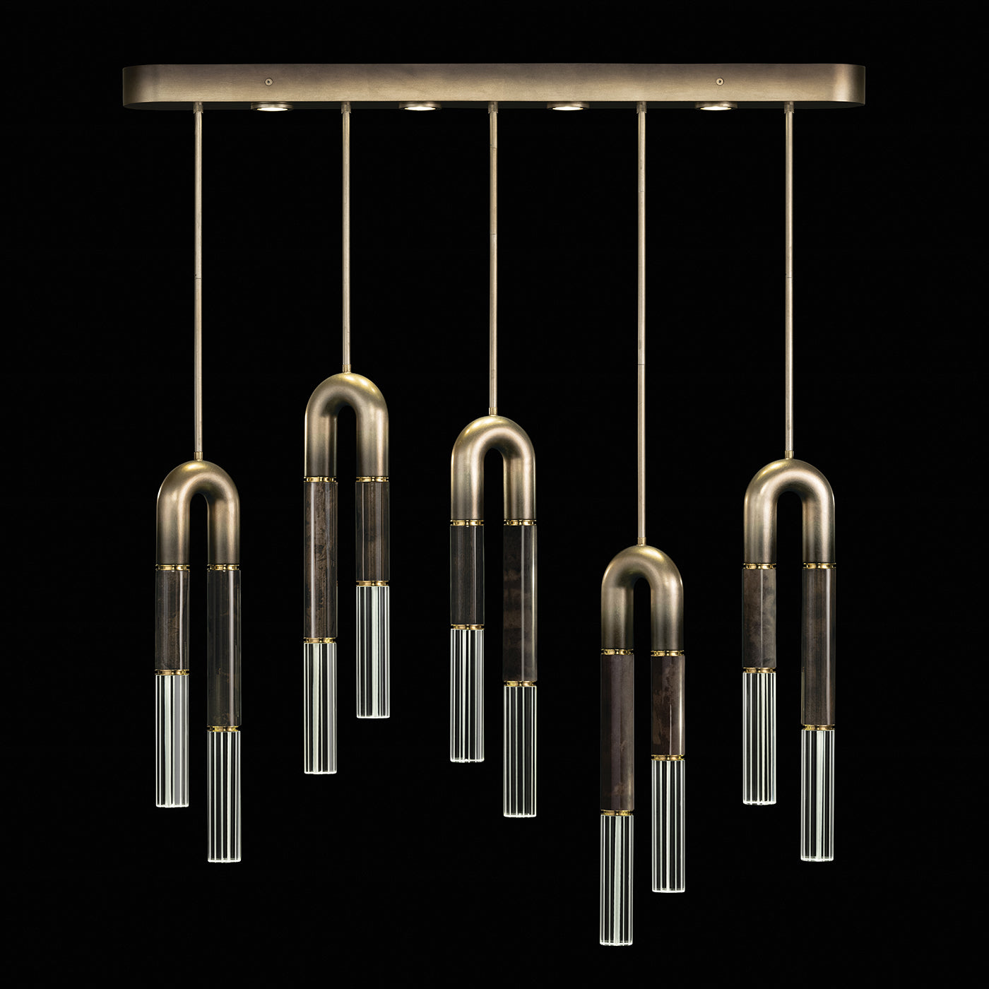 51.5-Inch Five-Drop Linear Pendant Light / Ombre Bronze/Charcoal / Brass