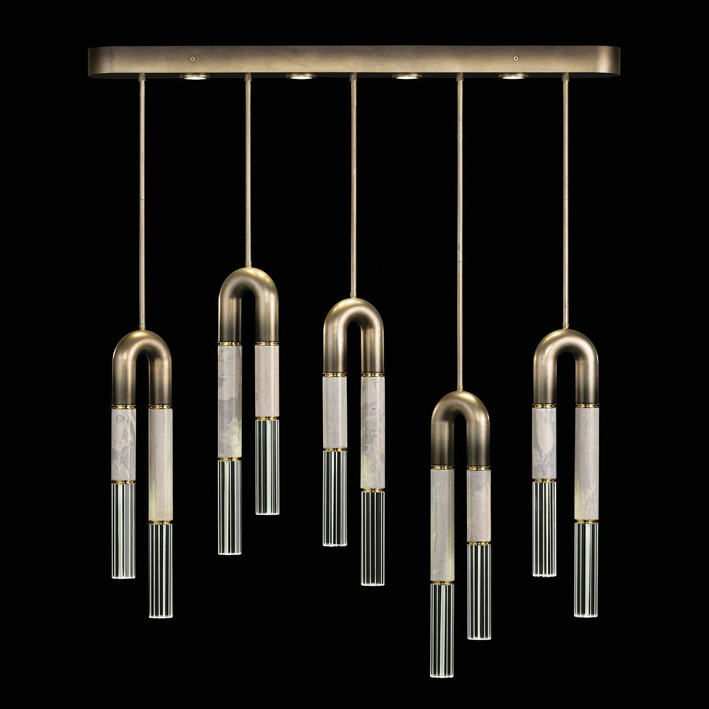 51.5-Inch Five-Drop Linear Pendant Light / Ombre Bronze/Smoke / Brass