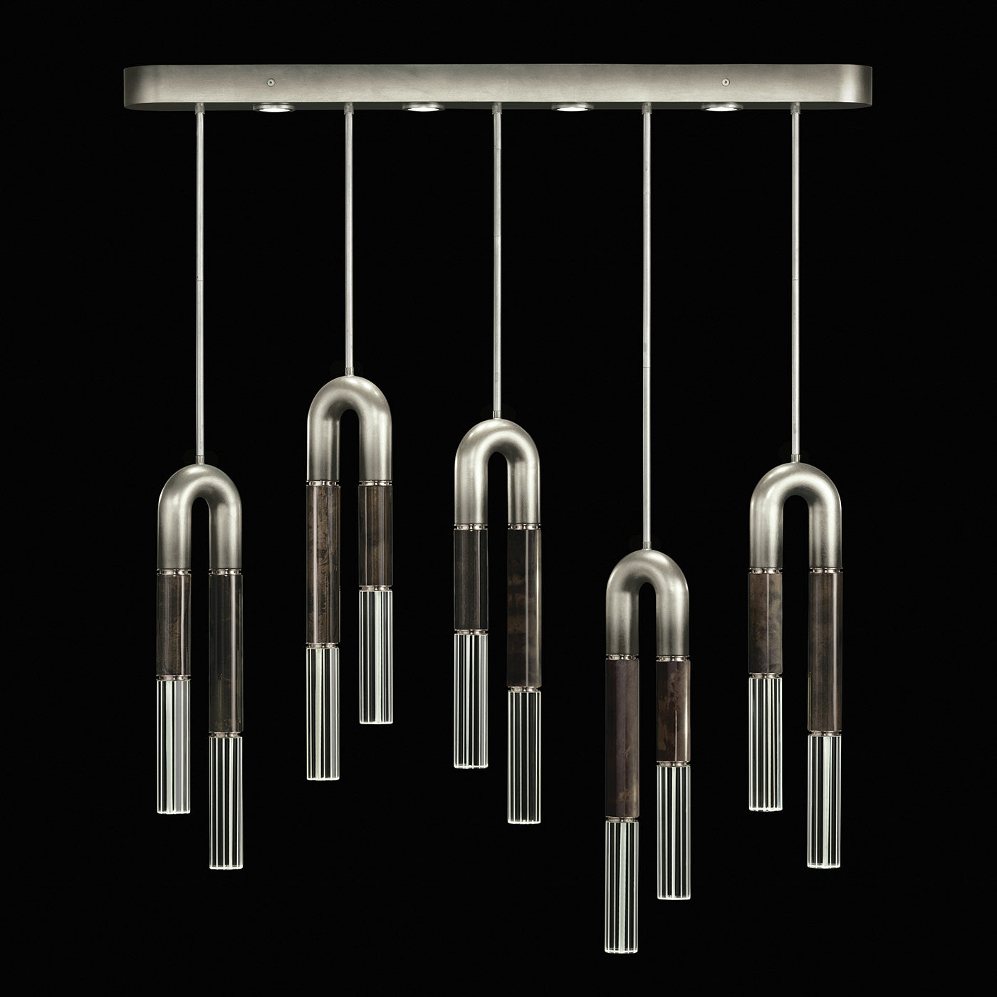 51.5-Inch Five-Drop Linear Pendant Light / Ombre Silver/Charcoal / Nickel