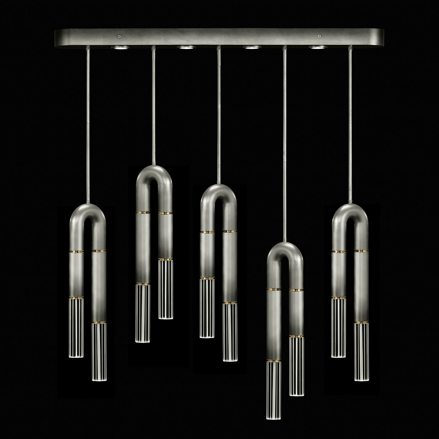 51.5-Inch Five-Drop Linear Pendant Light / Ombre Silver/No Skin / Brass