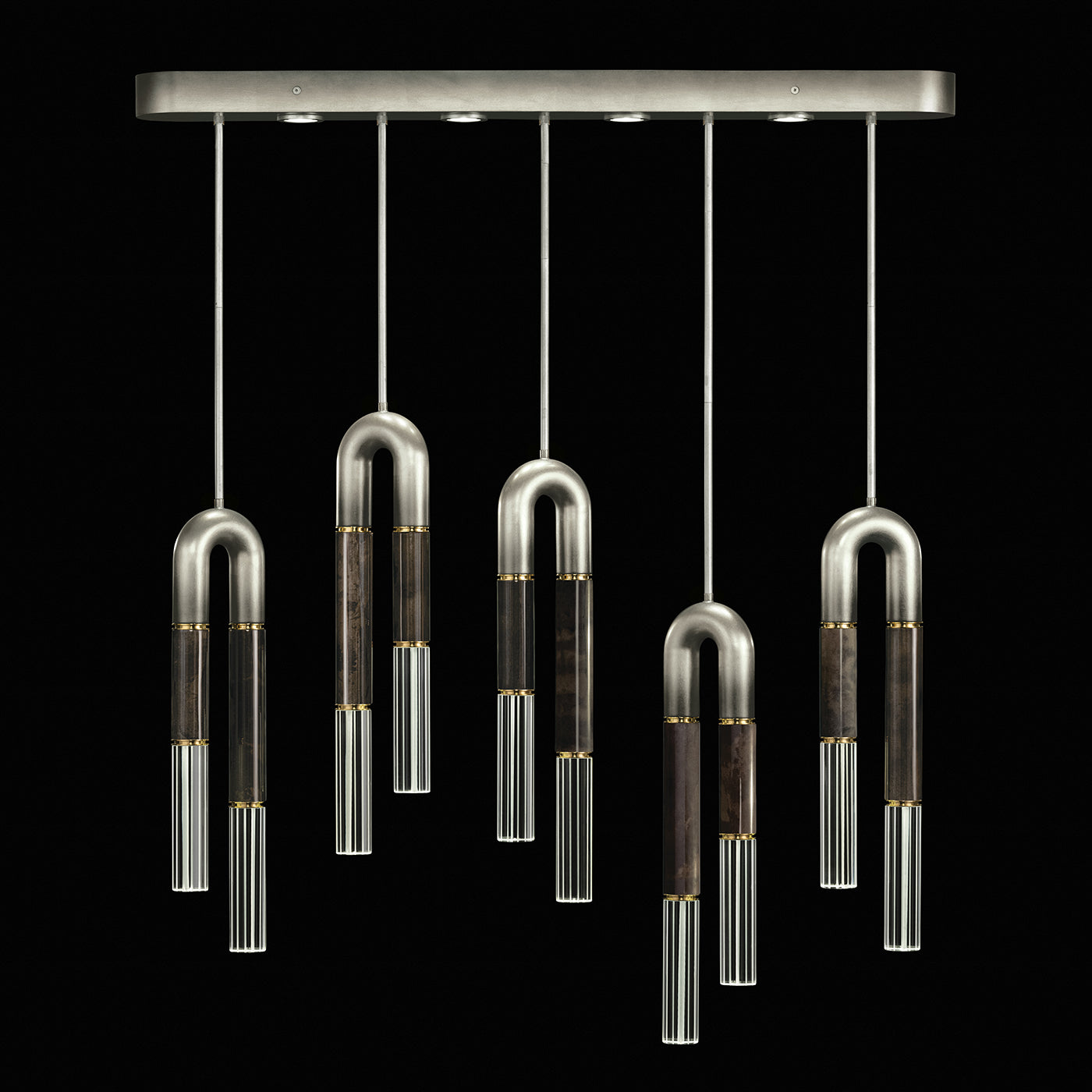 51.5-Inch Five-Drop Linear Pendant Light / Ombre Silver/Charcoal / Brass