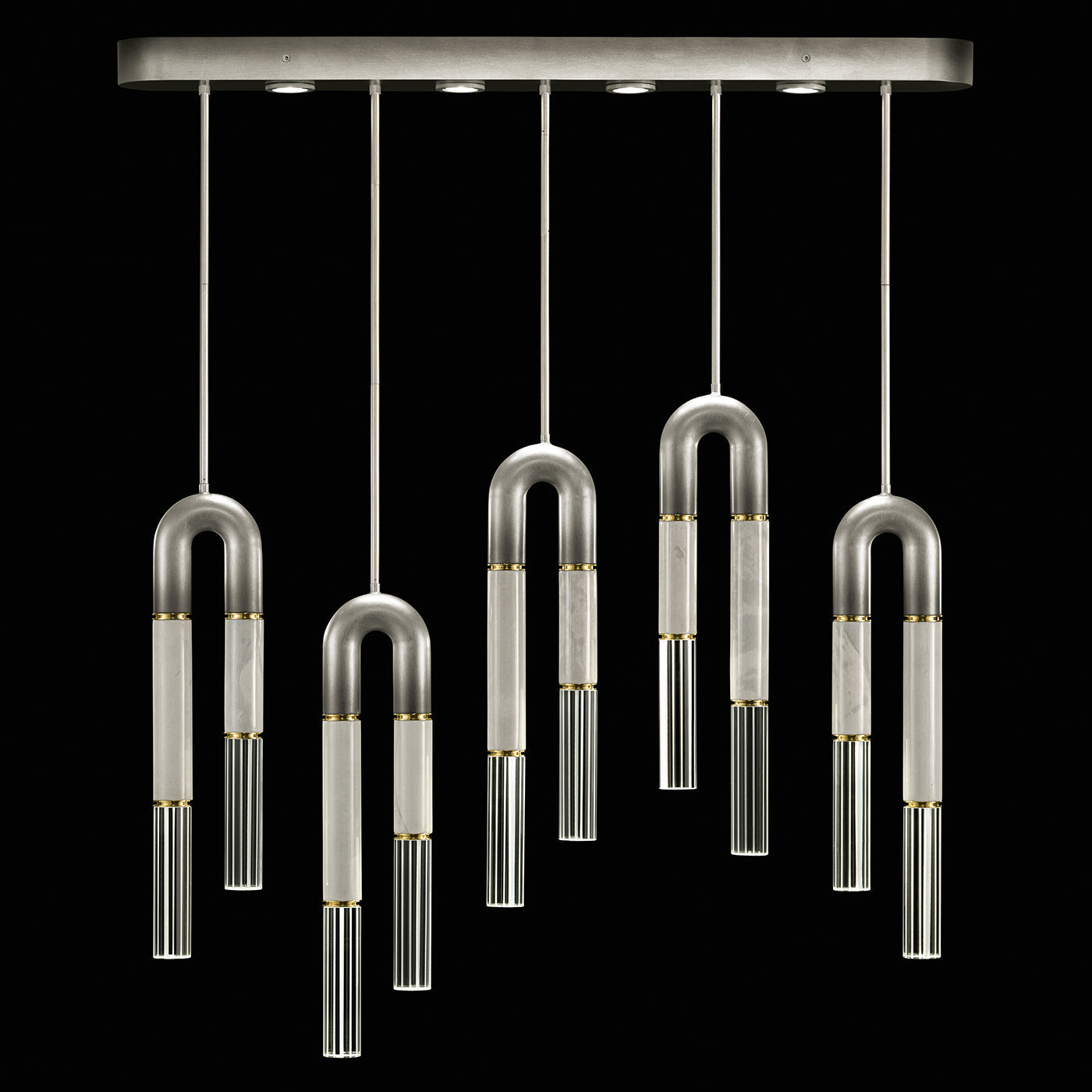 51.5-Inch Five-Drop Linear Pendant Light / Ombre Silver/Smoke / Brass